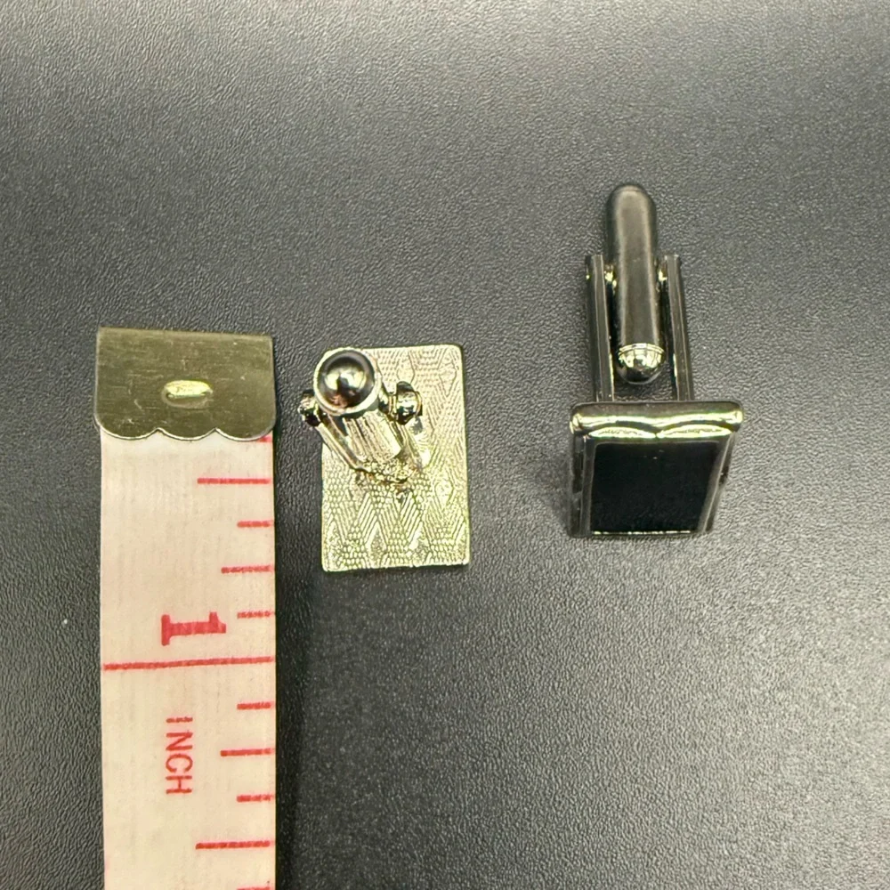 Vintage Pair Silver Tone Black Enamel Cufflinks